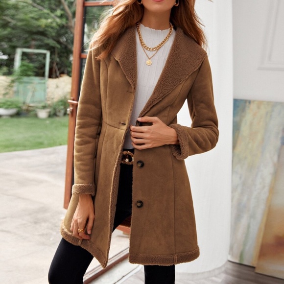 Boho shearling lined mid length suede coat brown - Picture 3 of 5